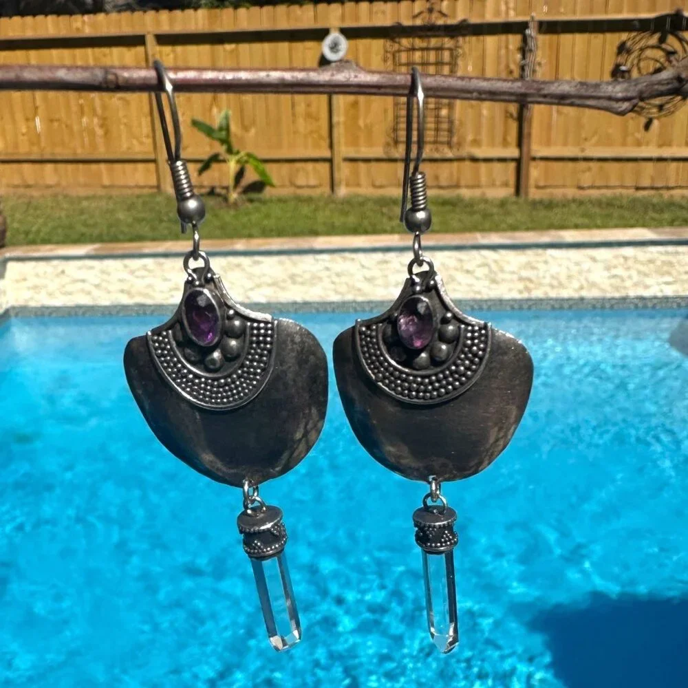 Vintage Sterling 925 Silver & Amethyst Dangle Earrings With Quartz Accents - Picture 3 of 10